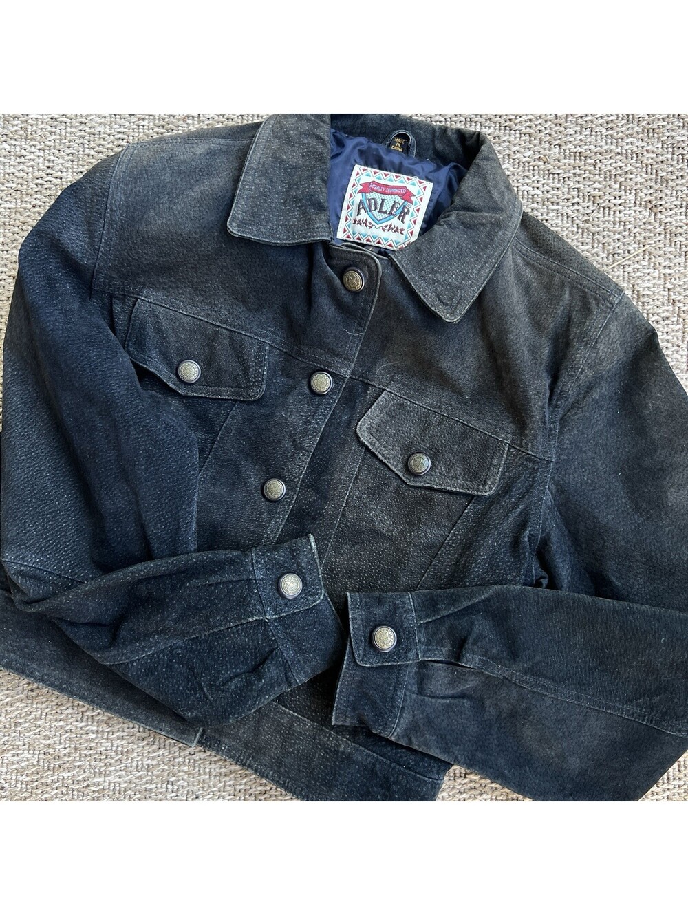 Vtg 90s Adler Collection Womens Junior L Faded Black Suede Trucker Jacket Grunge